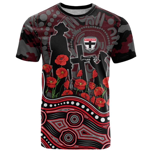 St Kilda Saints ANZAC Day T Shirt Indigenous Dot Art with Poppy Flower Tribute