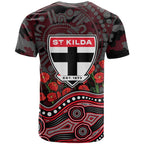 St Kilda Saints ANZAC Day T Shirt Indigenous Dot Art with Poppy Flower Tribute