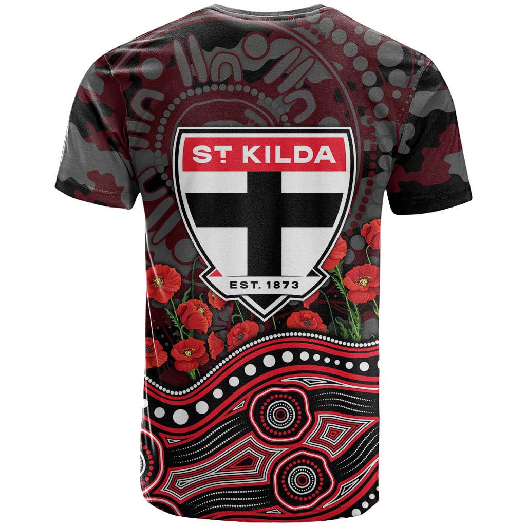 St Kilda Saints ANZAC Day T Shirt Indigenous Dot Art with Poppy Flower Tribute