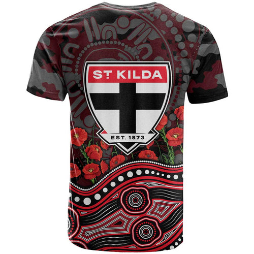 St Kilda Saints ANZAC Day T Shirt Indigenous Dot Art with Poppy Flower Tribute