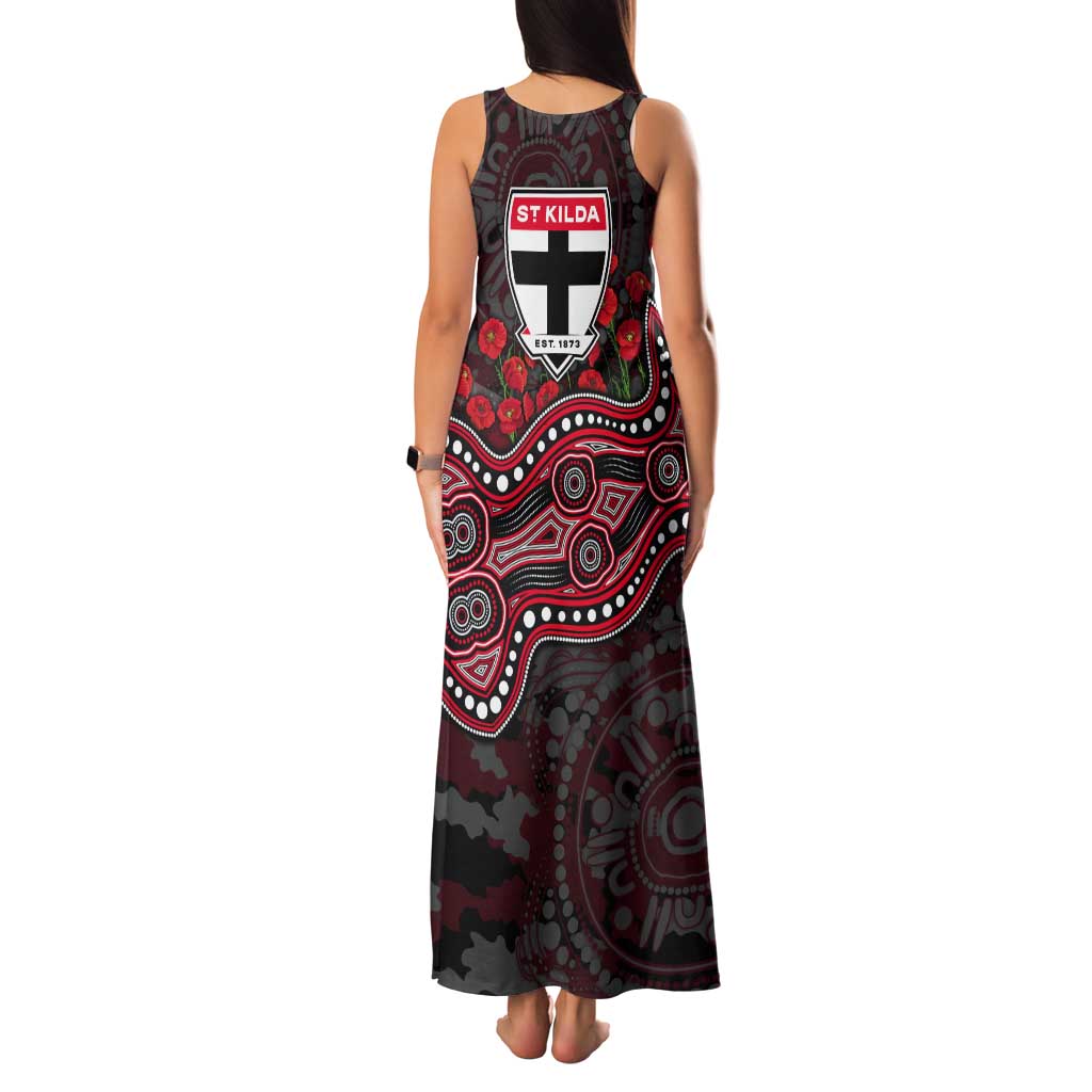 St Kilda Saints ANZAC Day Tank Maxi Dress Indigenous Dot Art with Poppy Flower Tribute