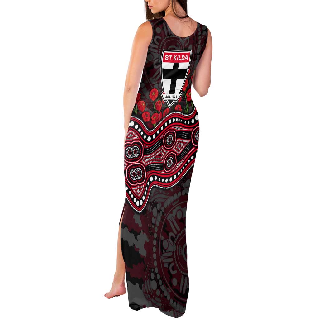 St Kilda Saints ANZAC Day Tank Maxi Dress Indigenous Dot Art with Poppy Flower Tribute