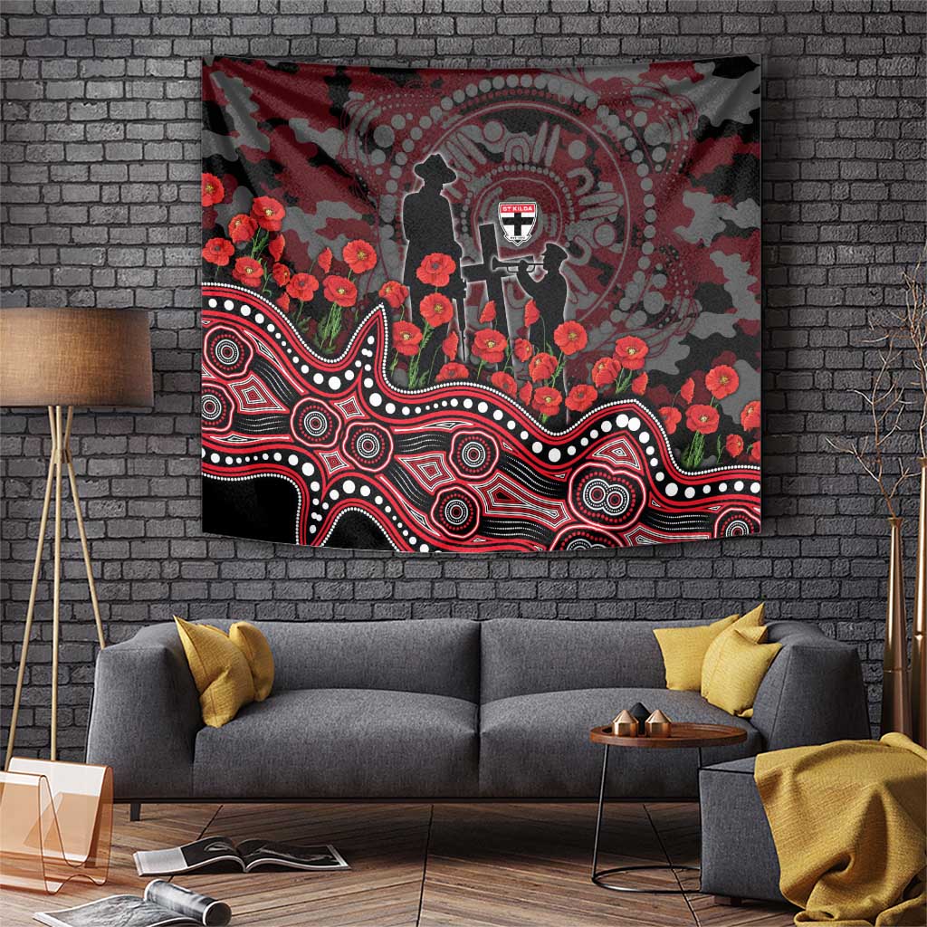 St Kilda Saints ANZAC Day Tapestry Indigenous Dot Art with Poppy Flower Tribute