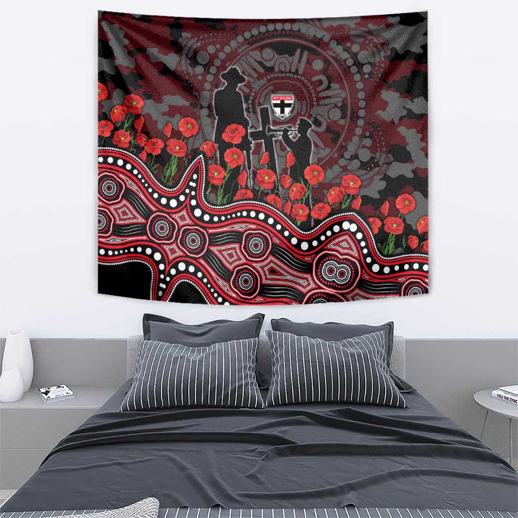 St Kilda Saints ANZAC Day Tapestry Indigenous Dot Art with Poppy Flower Tribute