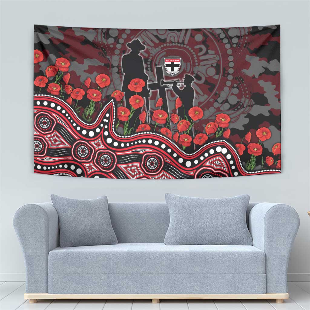 St Kilda Saints ANZAC Day Tapestry Indigenous Dot Art with Poppy Flower Tribute