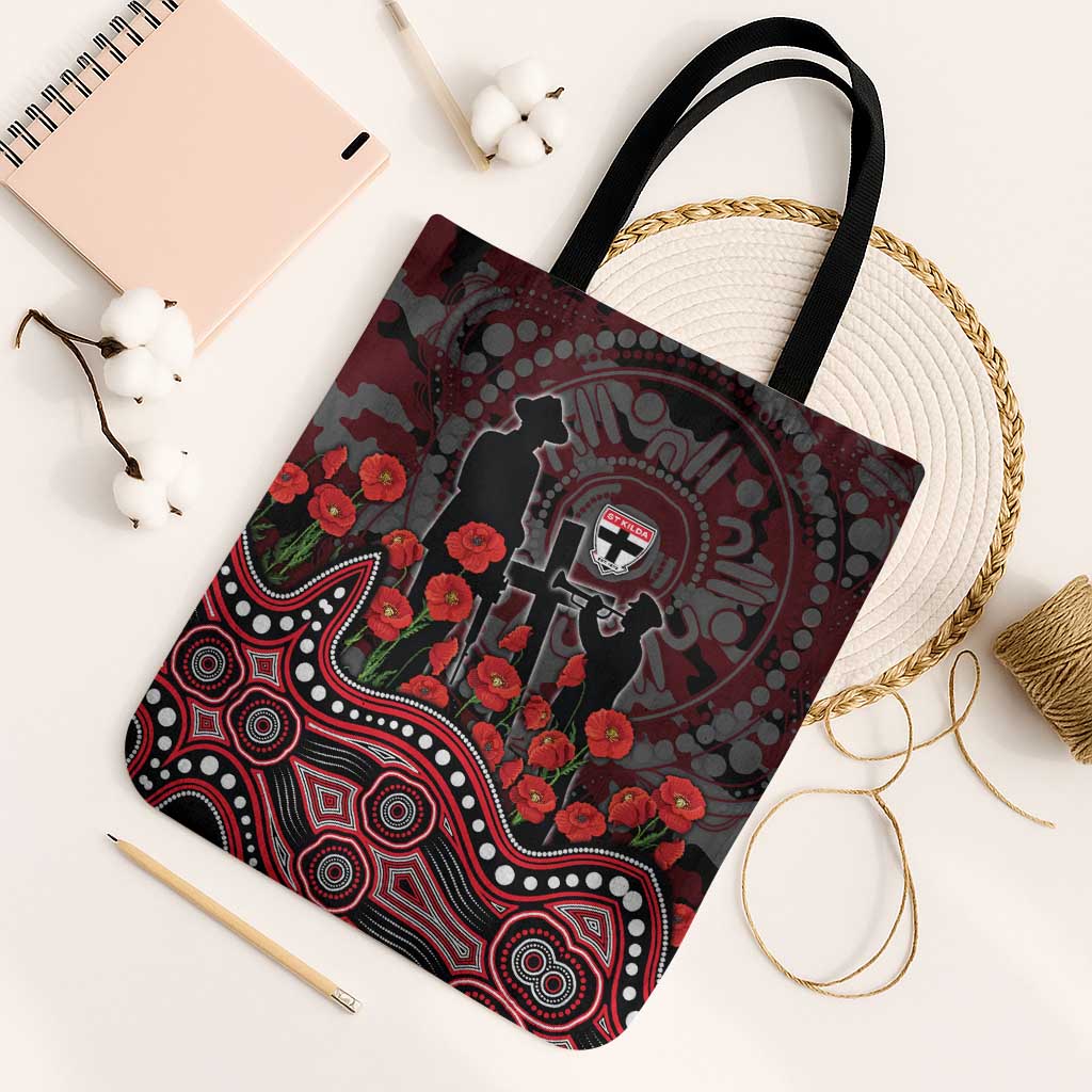St Kilda Saints ANZAC Day Tote Bag Indigenous Dot Art with Poppy Flower Tribute