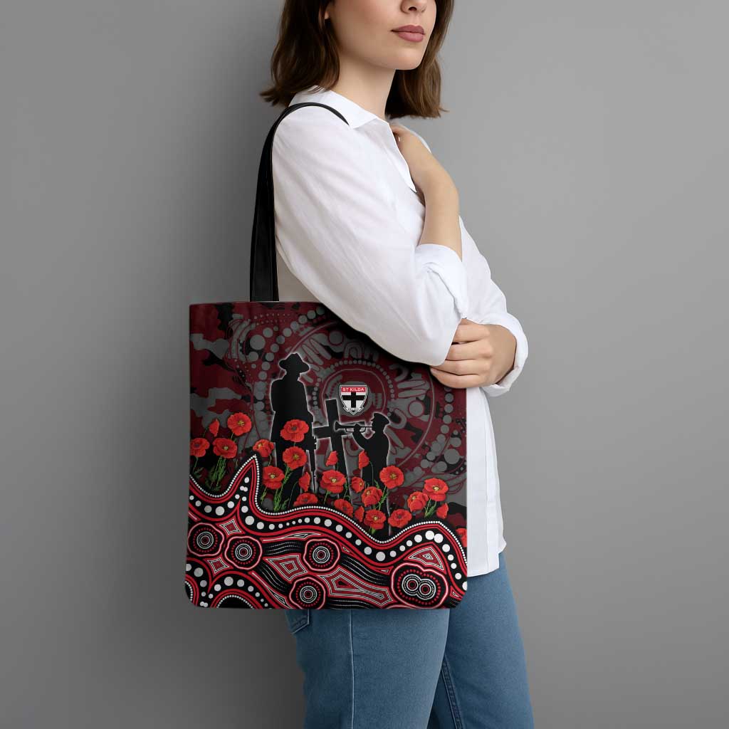St Kilda Saints ANZAC Day Tote Bag Indigenous Dot Art with Poppy Flower Tribute