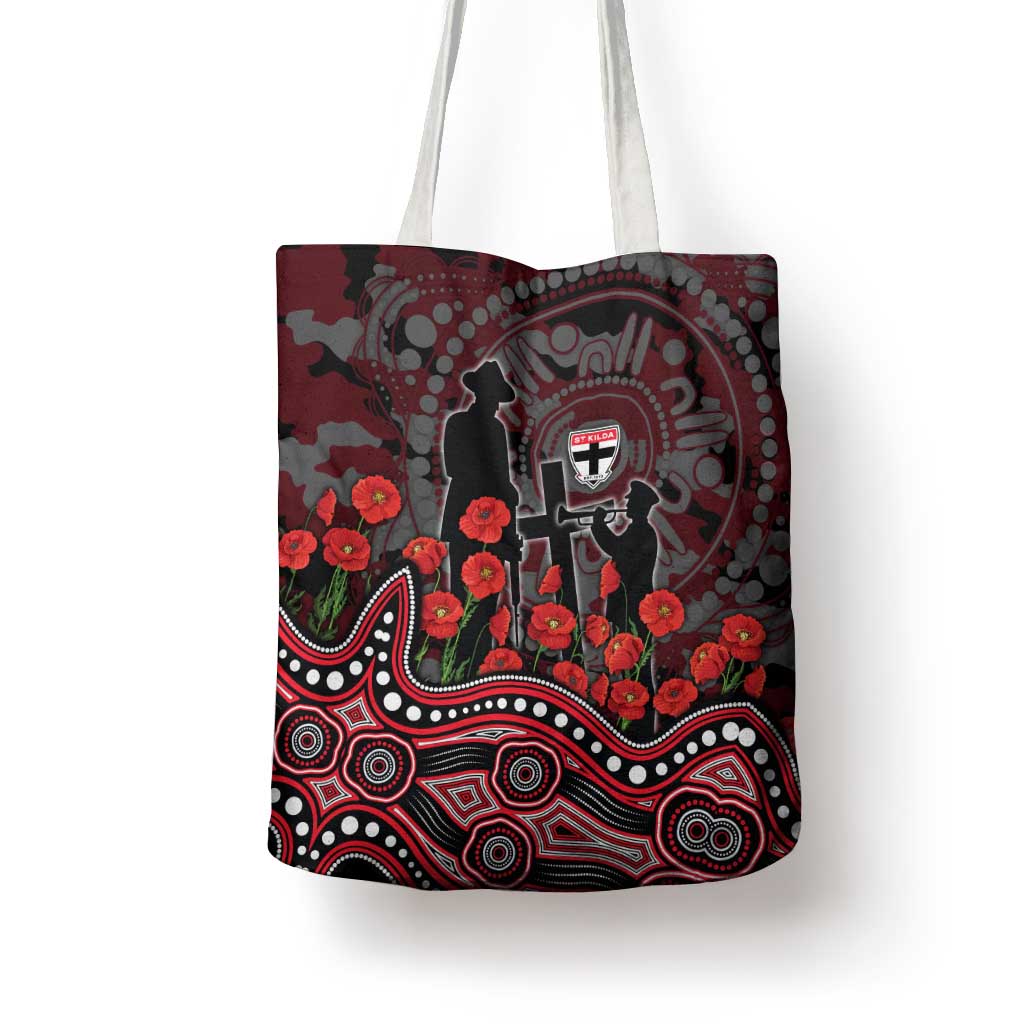 St Kilda Saints ANZAC Day Tote Bag Indigenous Dot Art with Poppy Flower Tribute