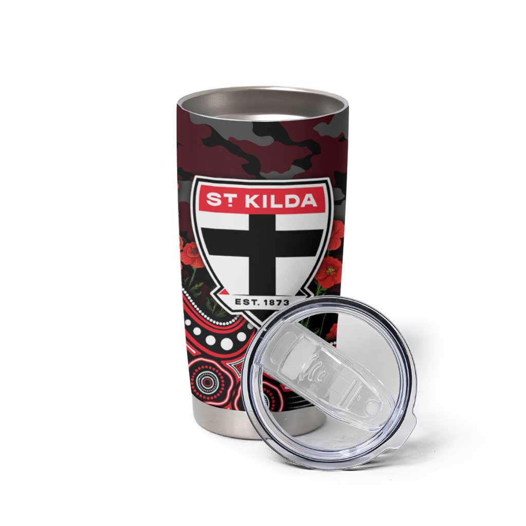 St Kilda Saints ANZAC Day Tumbler Cup Indigenous Dot Art with Poppy Flower Tribute