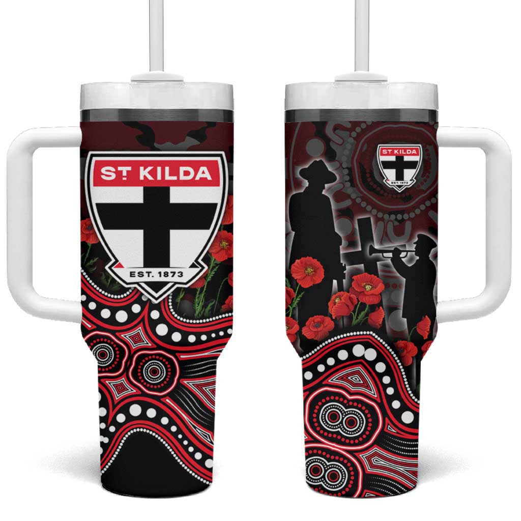 St Kilda Saints ANZAC Day Tumbler With Handle Indigenous Dot Art with Poppy Flower Tribute