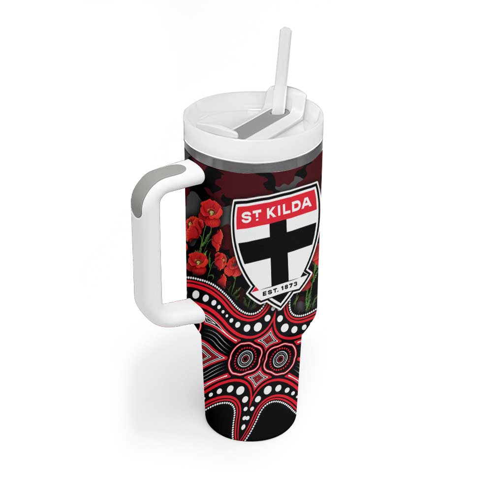 St Kilda Saints ANZAC Day Tumbler With Handle Indigenous Dot Art with Poppy Flower Tribute