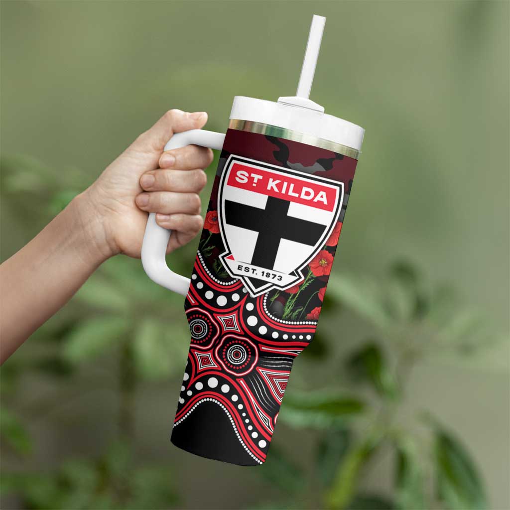 St Kilda Saints ANZAC Day Tumbler With Handle Indigenous Dot Art with Poppy Flower Tribute
