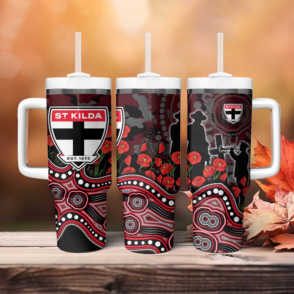 St Kilda Saints ANZAC Day Tumbler With Handle Indigenous Dot Art with Poppy Flower Tribute