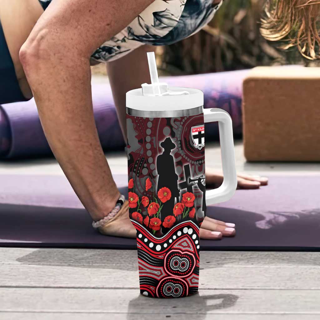 St Kilda Saints ANZAC Day Tumbler With Handle Indigenous Dot Art with Poppy Flower Tribute