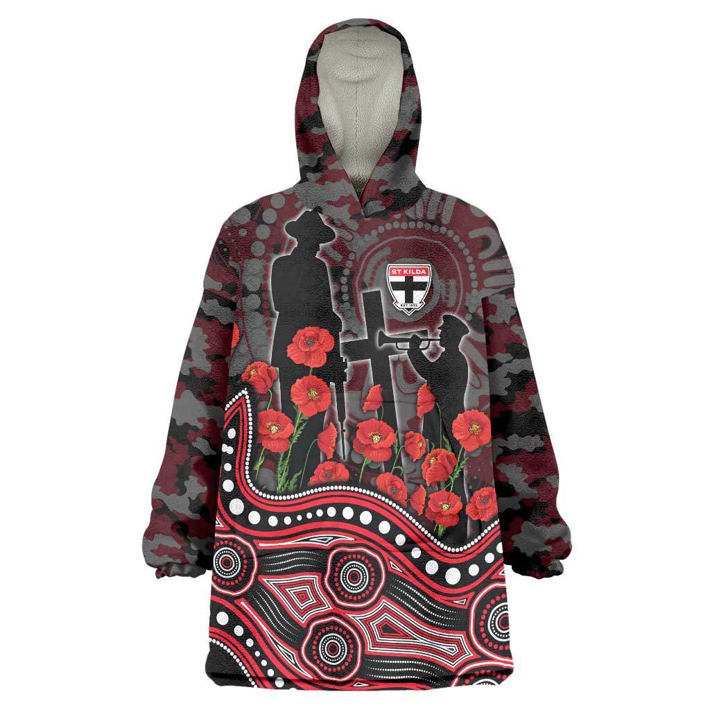 St Kilda Saints ANZAC Day Wearable Blanket Hoodie Indigenous Dot Art with Poppy Flower Tribute