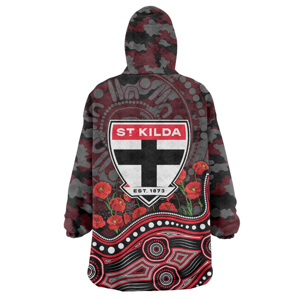 St Kilda Saints ANZAC Day Wearable Blanket Hoodie Indigenous Dot Art with Poppy Flower Tribute