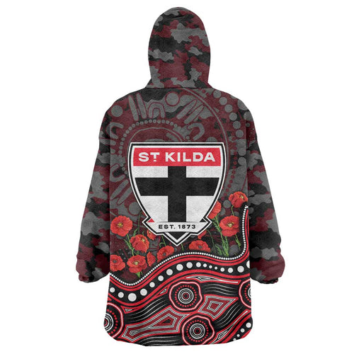 St Kilda Saints ANZAC Day Wearable Blanket Hoodie Indigenous Dot Art with Poppy Flower Tribute