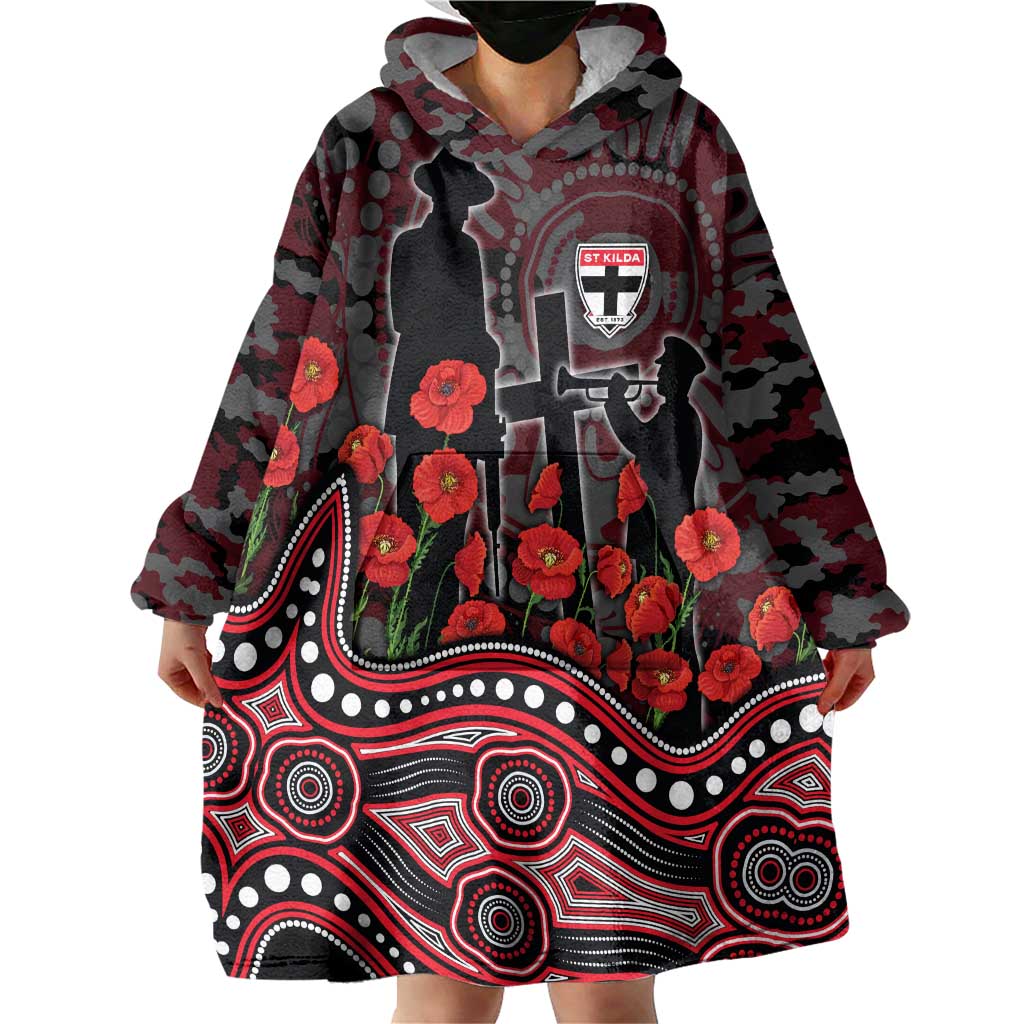 St Kilda Saints ANZAC Day Wearable Blanket Hoodie Indigenous Dot Art with Poppy Flower Tribute