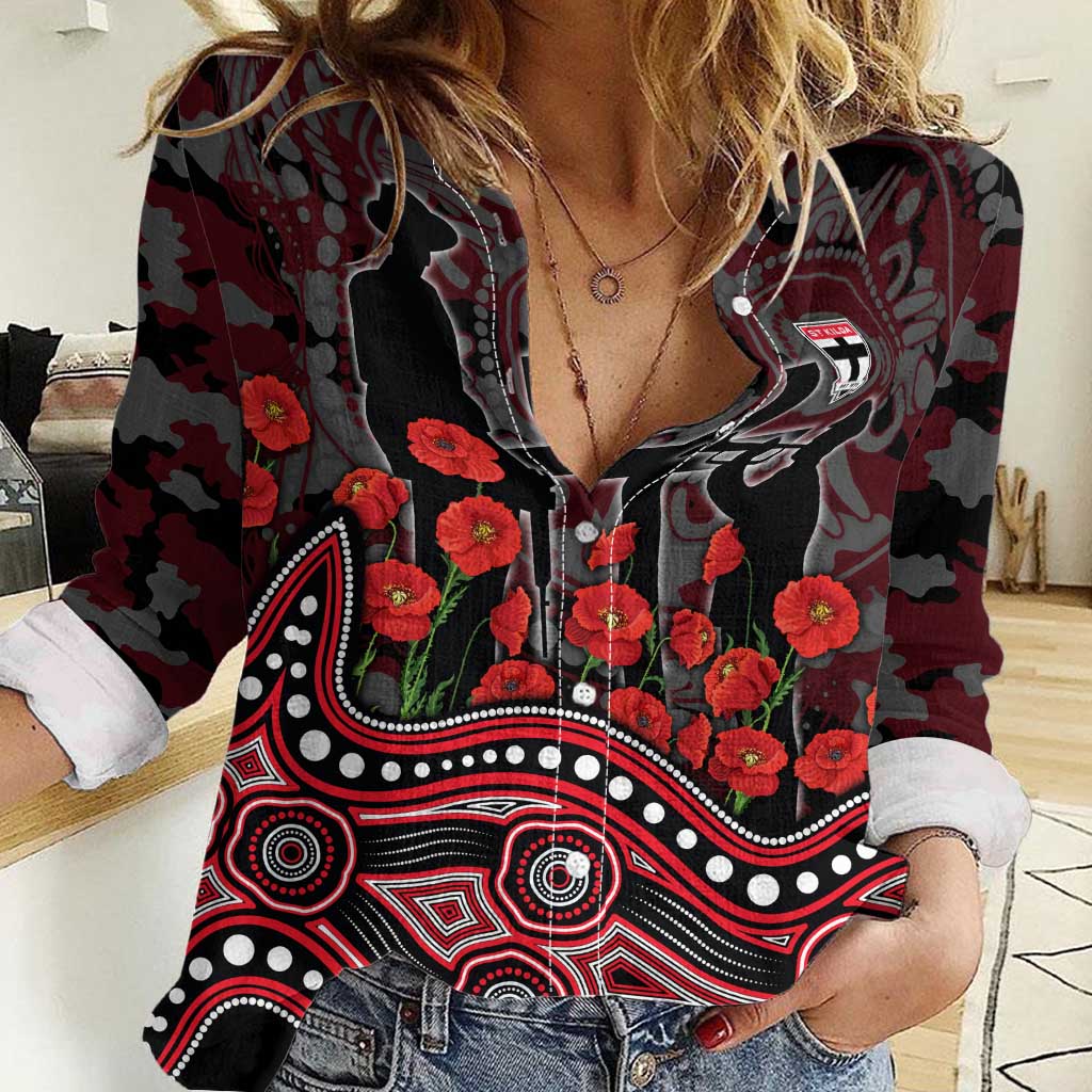 St Kilda Saints ANZAC Day Women Casual Shirt Indigenous Dot Art with Poppy Flower Tribute