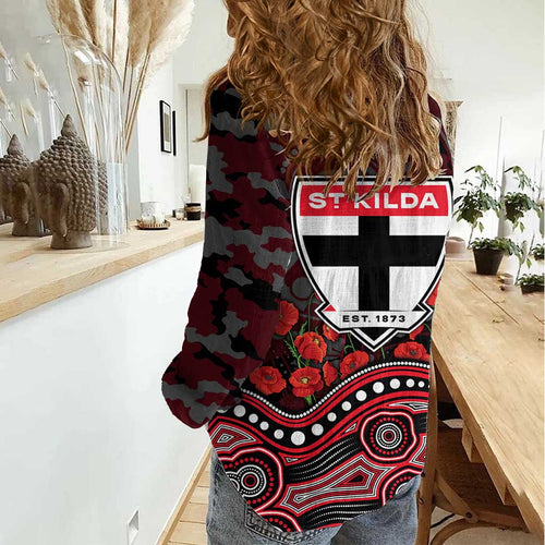 St Kilda Saints ANZAC Day Women Casual Shirt Indigenous Dot Art with Poppy Flower Tribute