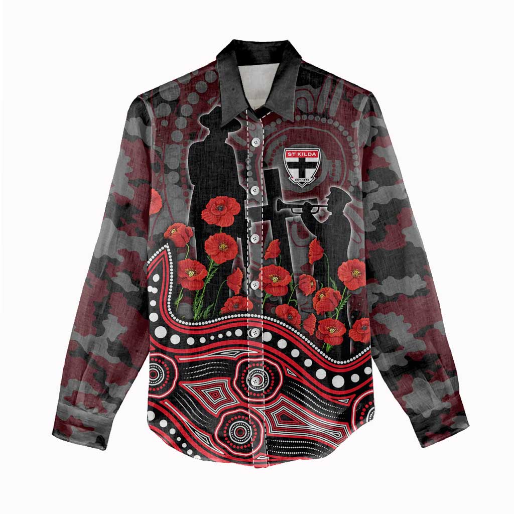 St Kilda Saints ANZAC Day Women Casual Shirt Indigenous Dot Art with Poppy Flower Tribute
