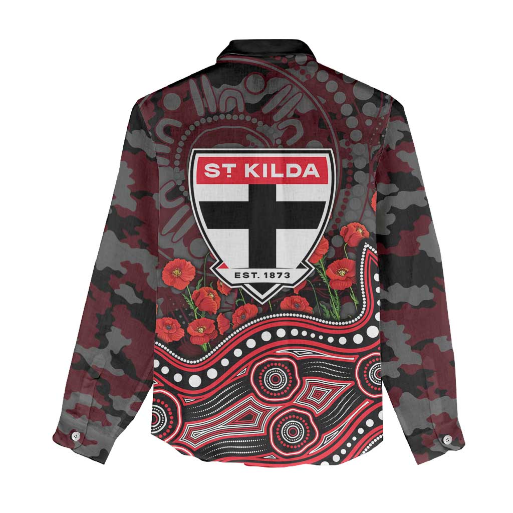 St Kilda Saints ANZAC Day Women Casual Shirt Indigenous Dot Art with Poppy Flower Tribute