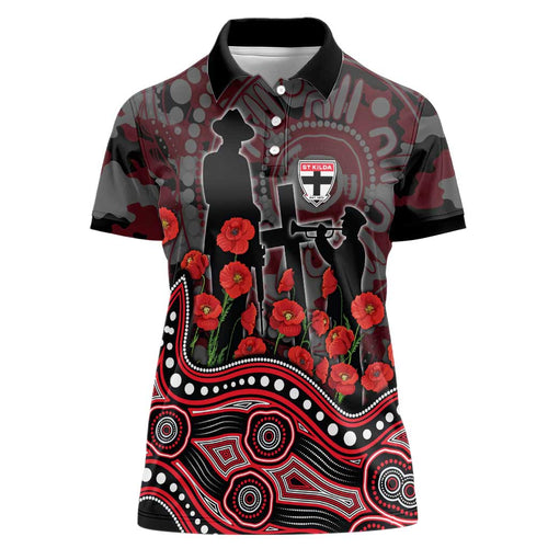 St Kilda Saints ANZAC Day Women Polo Shirt Indigenous Dot Art with Poppy Flower Tribute