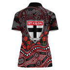 St Kilda Saints ANZAC Day Women Polo Shirt Indigenous Dot Art with Poppy Flower Tribute