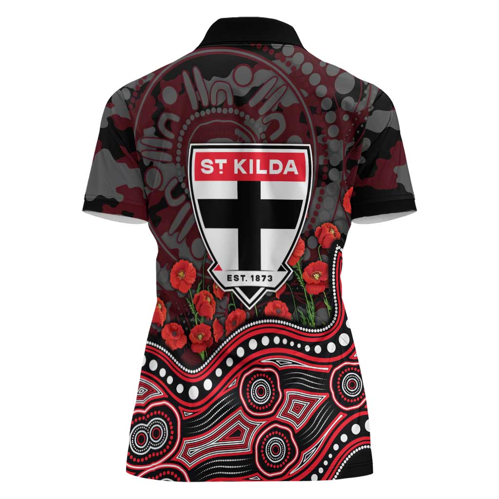 St Kilda Saints ANZAC Day Women Polo Shirt Indigenous Dot Art with Poppy Flower Tribute
