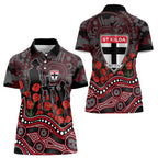 St Kilda Saints ANZAC Day Women Polo Shirt Indigenous Dot Art with Poppy Flower Tribute