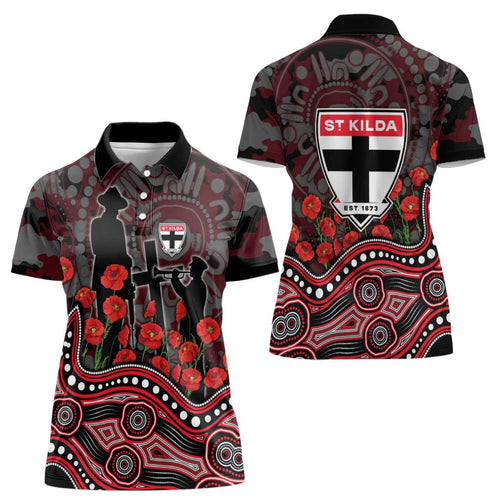 St Kilda Saints ANZAC Day Women Polo Shirt Indigenous Dot Art with Poppy Flower Tribute