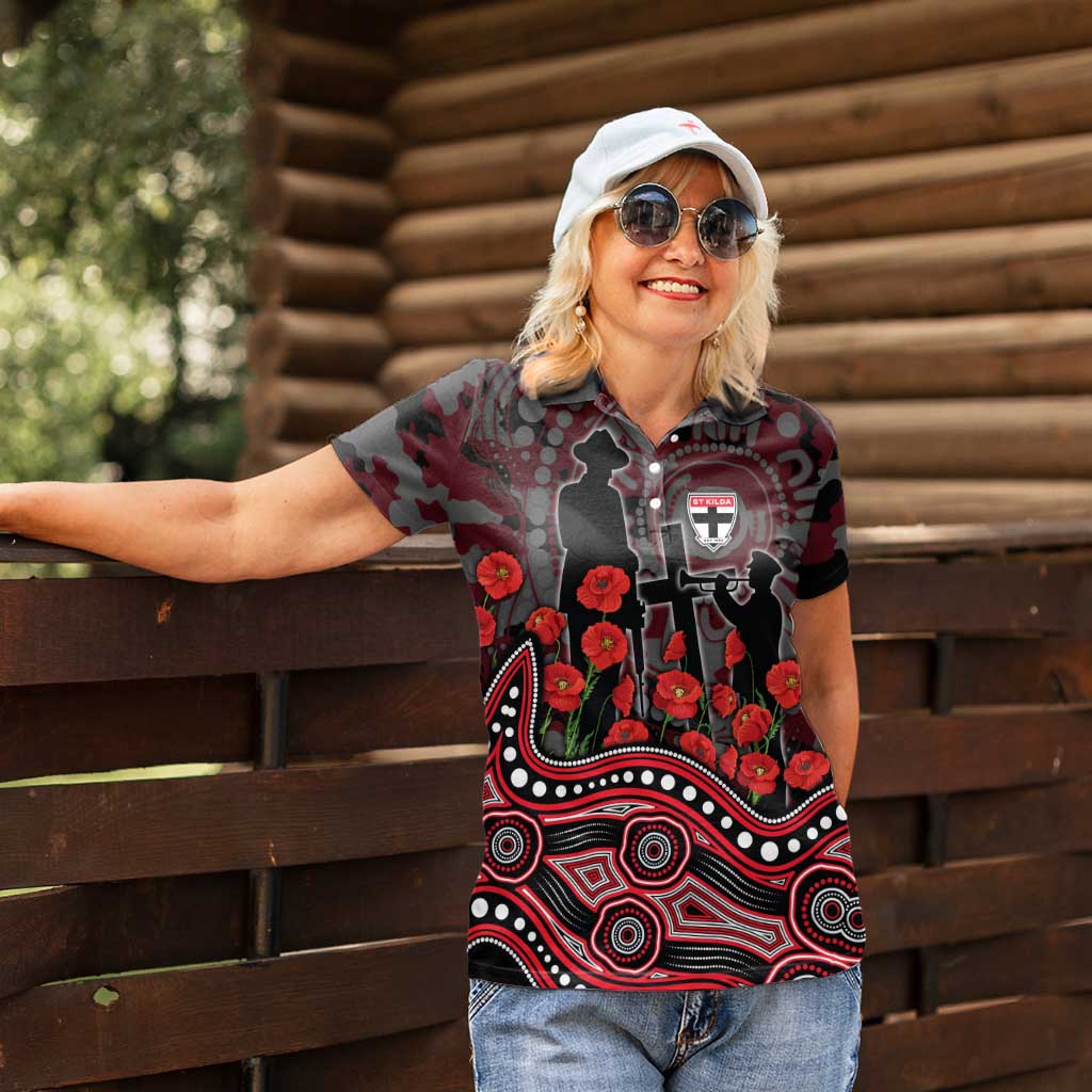 St Kilda Saints ANZAC Day Women Polo Shirt Indigenous Dot Art with Poppy Flower Tribute