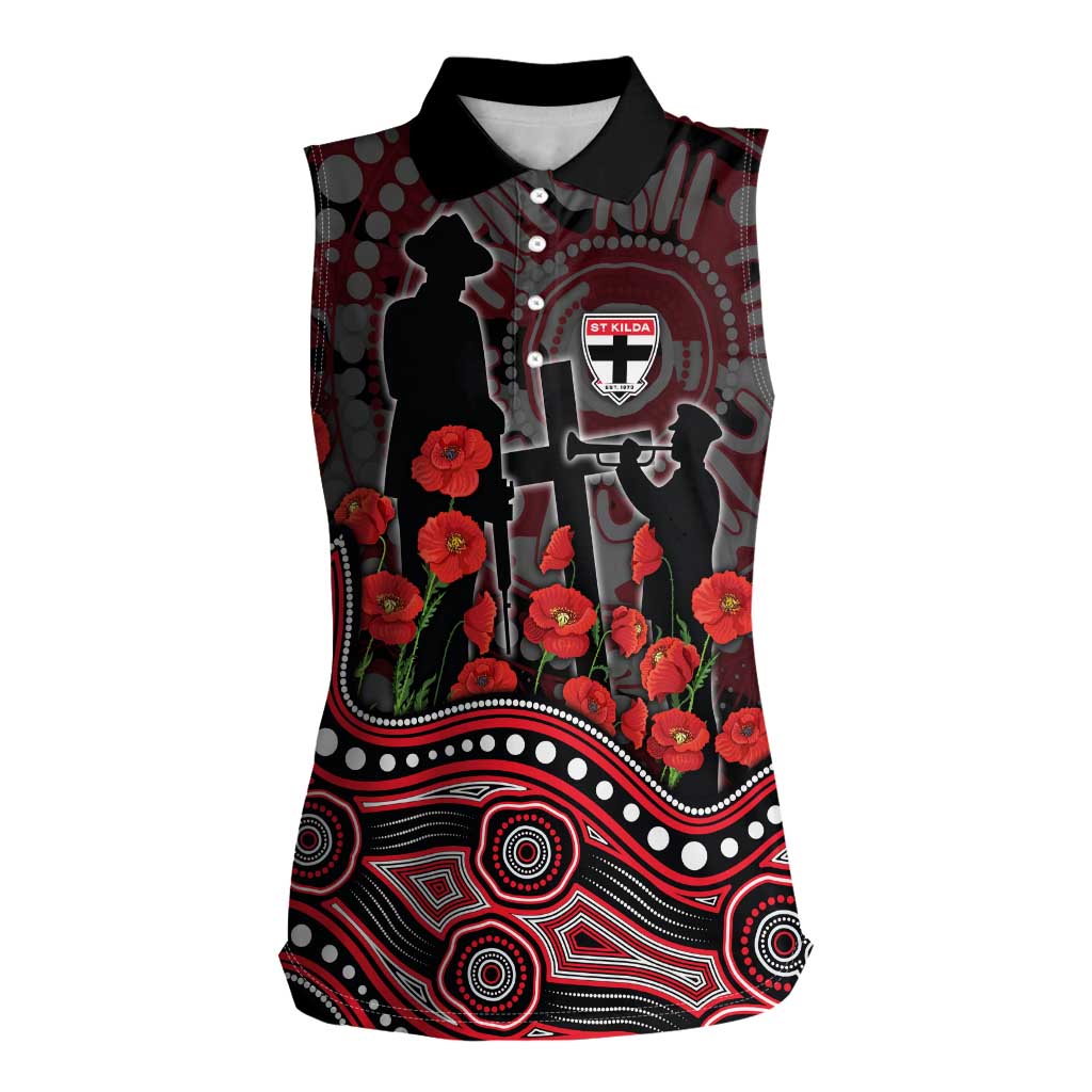 St Kilda Saints ANZAC Day Women Sleeveless Polo Shirt Indigenous Dot Art with Poppy Flower Tribute