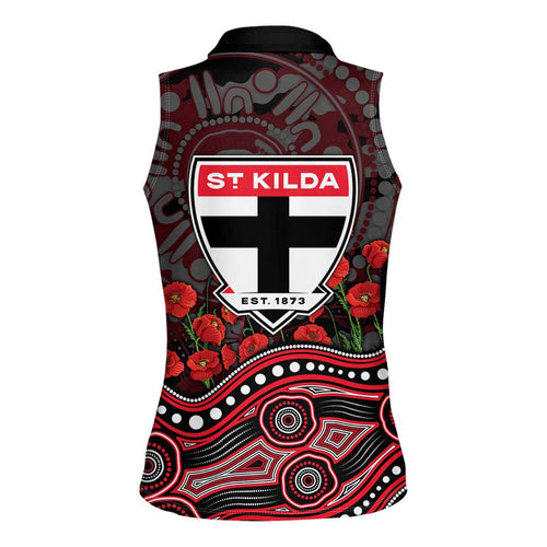 St Kilda Saints ANZAC Day Women Sleeveless Polo Shirt Indigenous Dot Art with Poppy Flower Tribute