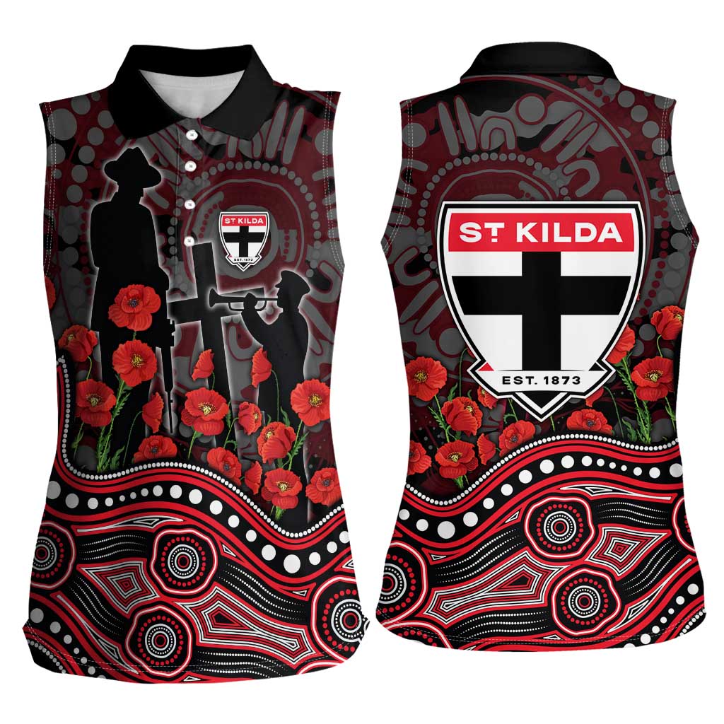 St Kilda Saints ANZAC Day Women Sleeveless Polo Shirt Indigenous Dot Art with Poppy Flower Tribute