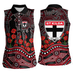St Kilda Saints ANZAC Day Women Sleeveless Polo Shirt Indigenous Dot Art with Poppy Flower Tribute