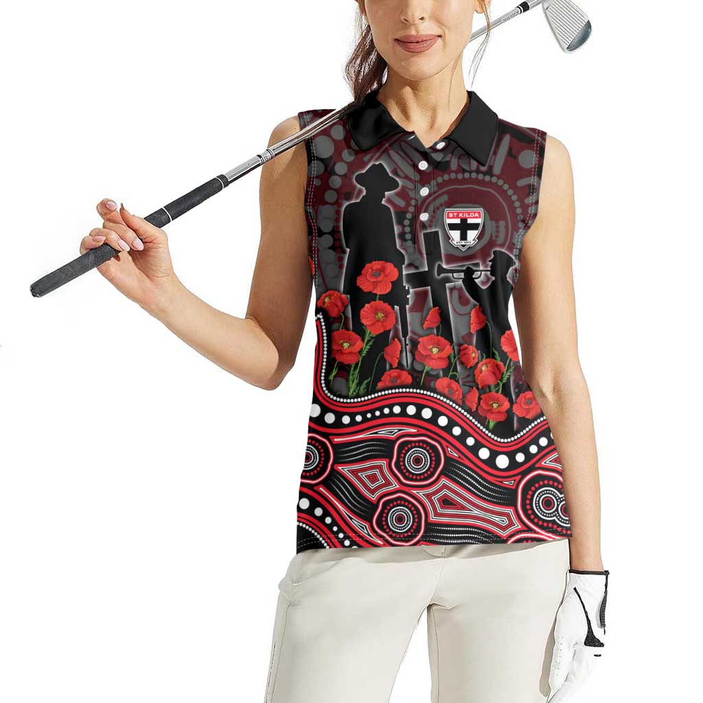 St Kilda Saints ANZAC Day Women Sleeveless Polo Shirt Indigenous Dot Art with Poppy Flower Tribute