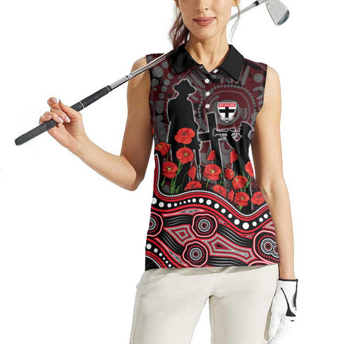 St Kilda Saints ANZAC Day Women Sleeveless Polo Shirt Indigenous Dot Art with Poppy Flower Tribute