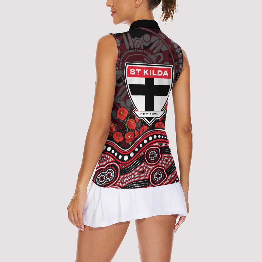 St Kilda Saints ANZAC Day Women Sleeveless Polo Shirt Indigenous Dot Art with Poppy Flower Tribute