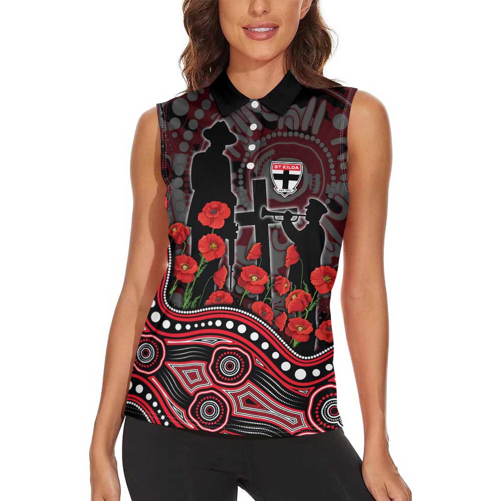 St Kilda Saints ANZAC Day Women Sleeveless Polo Shirt Indigenous Dot Art with Poppy Flower Tribute