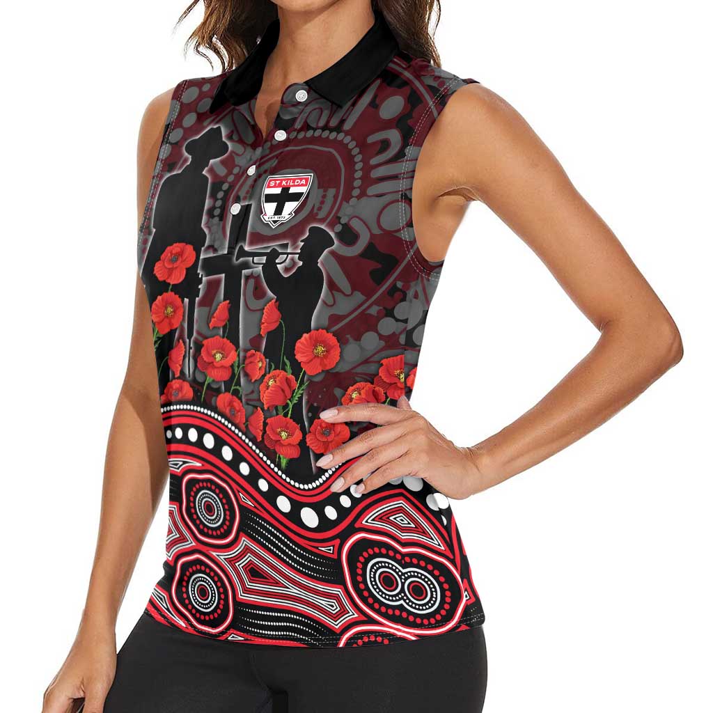 St Kilda Saints ANZAC Day Women Sleeveless Polo Shirt Indigenous Dot Art with Poppy Flower Tribute