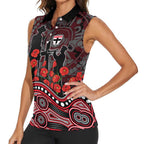 St Kilda Saints ANZAC Day Women Sleeveless Polo Shirt Indigenous Dot Art with Poppy Flower Tribute