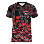 St Kilda Saints ANZAC Day Women V-Neck T-Shirt Indigenous Dot Art with Poppy Flower Tribute