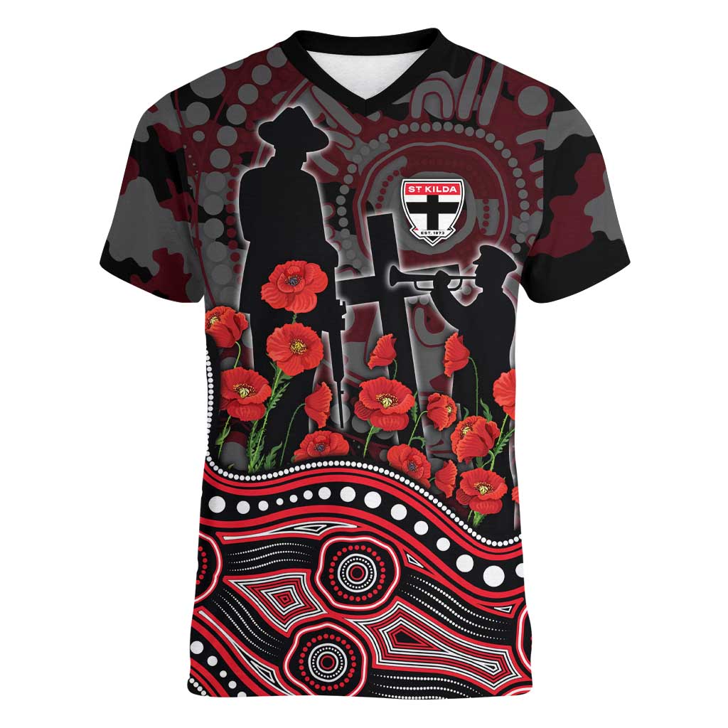 St Kilda Saints ANZAC Day Women V-Neck T-Shirt Indigenous Dot Art with Poppy Flower Tribute