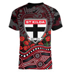 St Kilda Saints ANZAC Day Women V-Neck T-Shirt Indigenous Dot Art with Poppy Flower Tribute