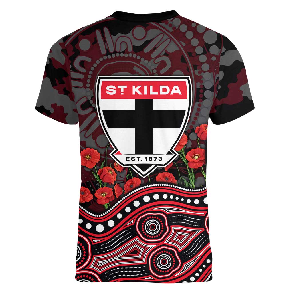 St Kilda Saints ANZAC Day Women V-Neck T-Shirt Indigenous Dot Art with Poppy Flower Tribute