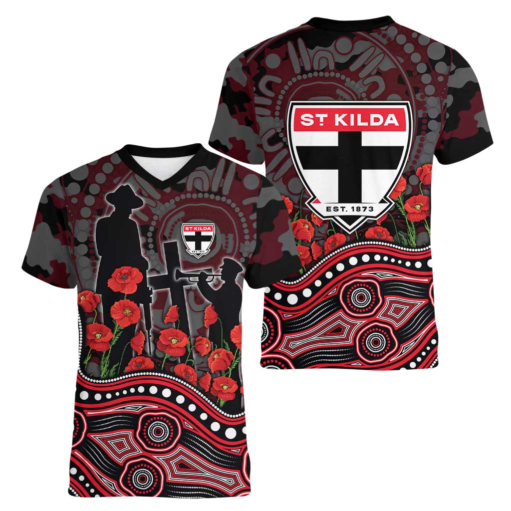 St Kilda Saints ANZAC Day Women V-Neck T-Shirt Indigenous Dot Art with Poppy Flower Tribute
