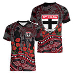 St Kilda Saints ANZAC Day Women V-Neck T-Shirt Indigenous Dot Art with Poppy Flower Tribute