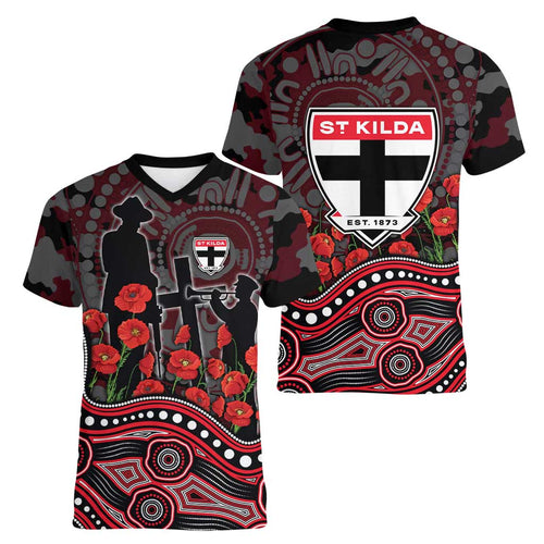 St Kilda Saints ANZAC Day Women V-Neck T-Shirt Indigenous Dot Art with Poppy Flower Tribute
