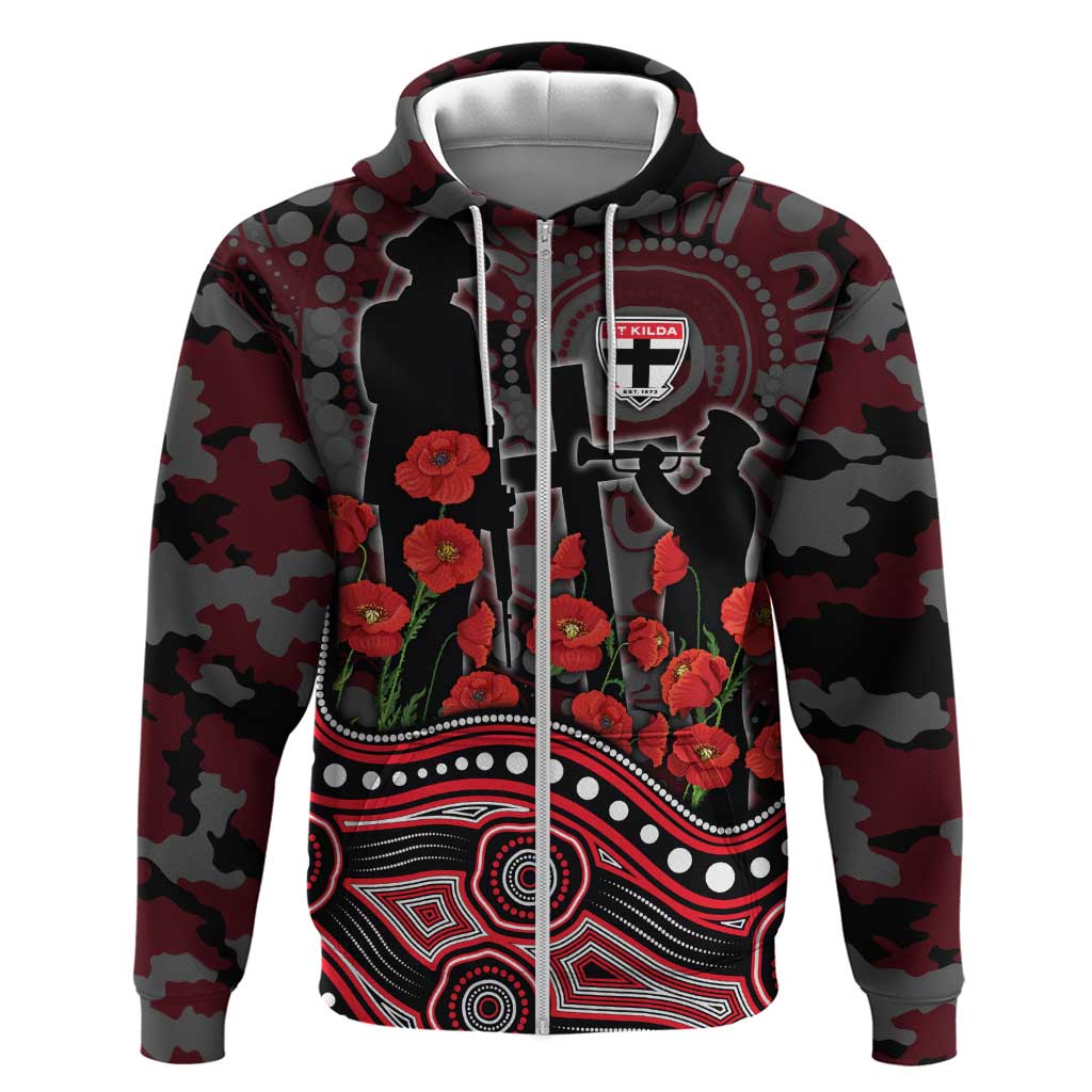 St Kilda Saints ANZAC Day Zip Hoodie Indigenous Dot Art with Poppy Flower Tribute